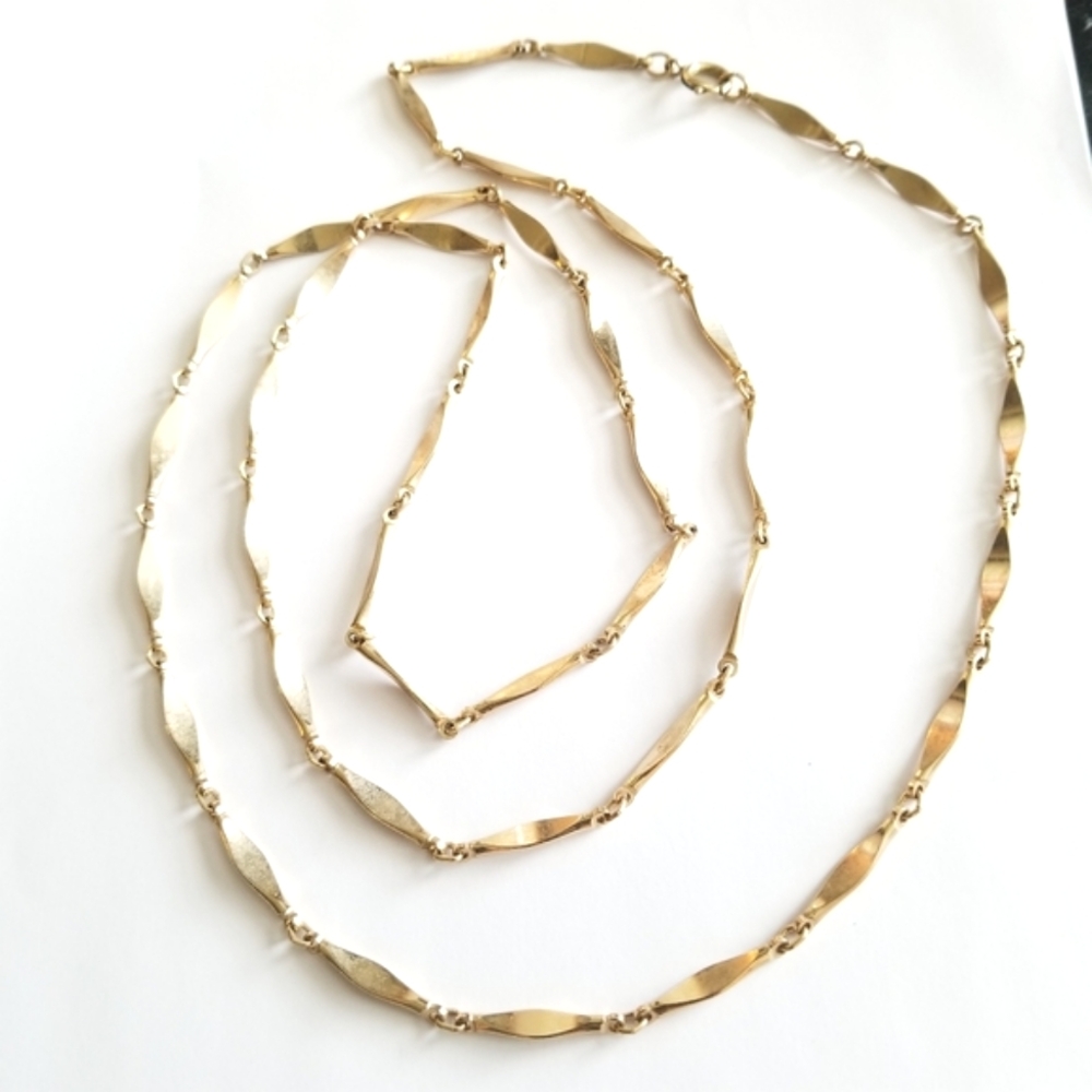 Vintage long necklace pressed bar links gold tone metal